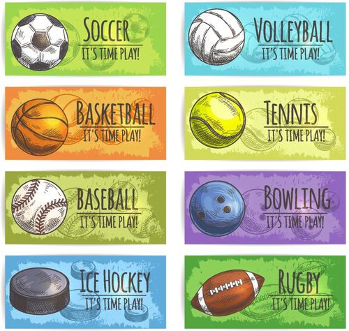 运动横幅运动球和设备游戏配件图标足球篮球棒球冰球冰球排球网球保龄
